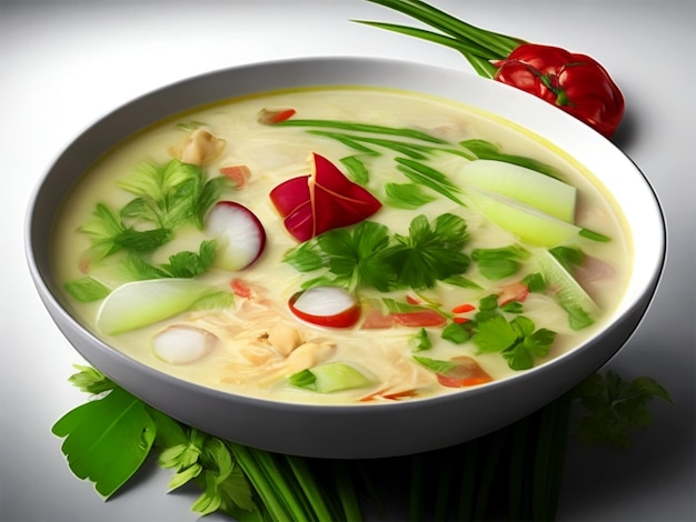 Tom kha kai w misce z liśćmi limonki kaffir