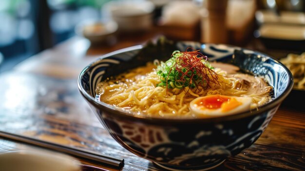 Tonkotsu Ramen na tle japońskiego sklepu z makaronem