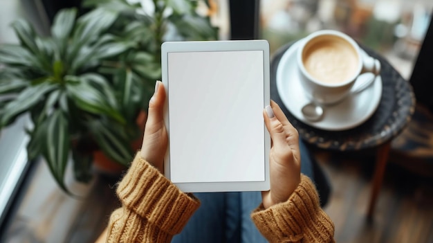 Top view mockup obrazu kobiety biznesowej trzymającej cyfrowy tablet z pustym białym pulpitem