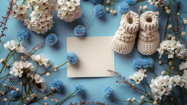 Zdjęcie top view of a set of baby girl and boy booties and greeting cards