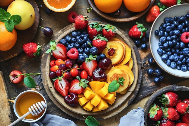 Zdjęcie top view pączki z owocami i miodem na lekkiej podłodze