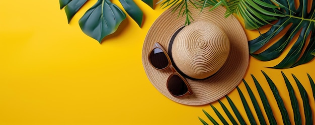 Top view słomowy kapelusz i okulary przeciwsłoneczne tropikalne liście drzew na żółtym tle