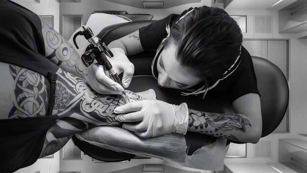 Zdjęcie top view tattoo artist wearing gloves