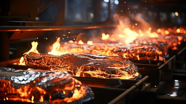 Topienie metalu wylewanie ciekłej stali uwalniającej świecący płomień przemysłowy