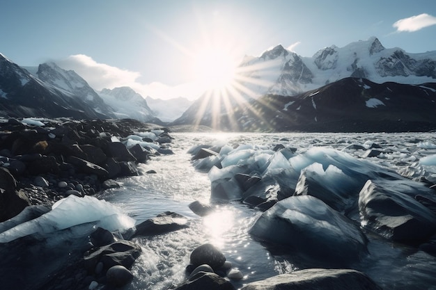 Topniejące lodowce na biegunie północnym z powodu wysokich temperatur nagrzewają jasne słońce upał zalewając śnieg
