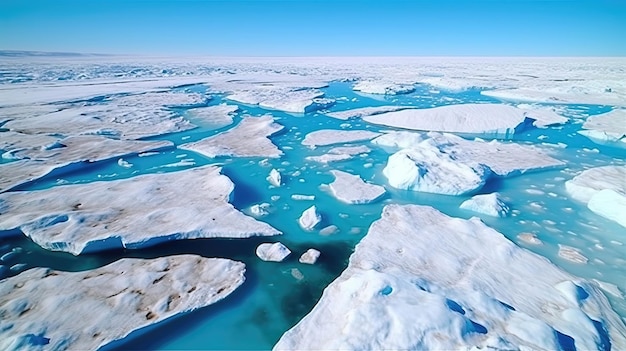 Topniejące polarne czapy lodowe ujawniają surową rzeczywistość zmian klimatycznych, gdy rozległe obszary niegdyś zamarzniętych krajobrazów przekształcają się w otwarte wody Wygenerowane przez AI