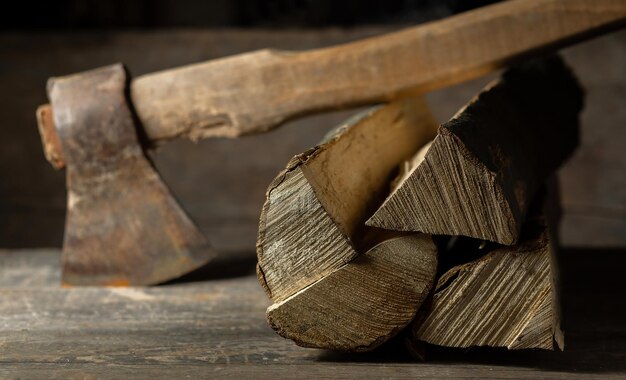 Topór jest wycinany w kłodzie drewna opałowego do paleniska na drewnianej teksturze