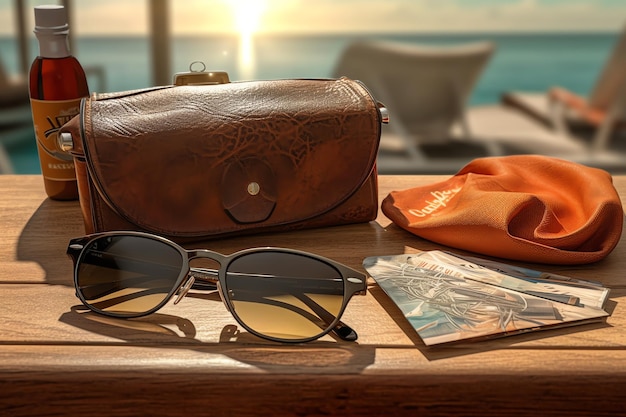 Torba i okulary przeciwsłoneczne na stole z plażą w tle.