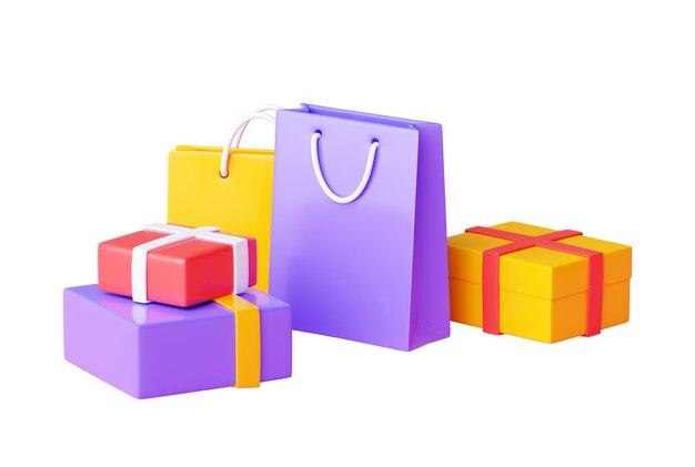 Zdjęcie torba na zakupy i stos pudełek 3d renderowanie grupy różnych opakowań papierowych do sklepów i prezentów