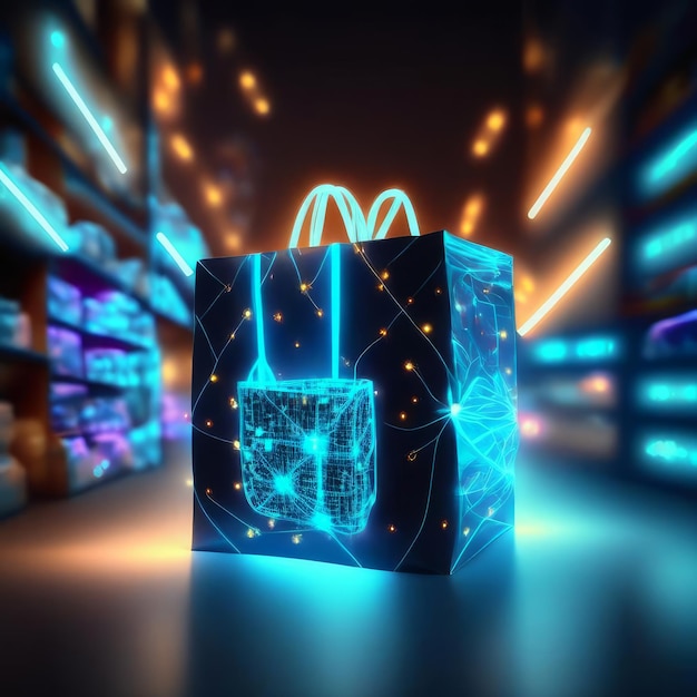 Zdjęcie torba na zakupy na abstrakcyjnym tle renderowania 3d neony