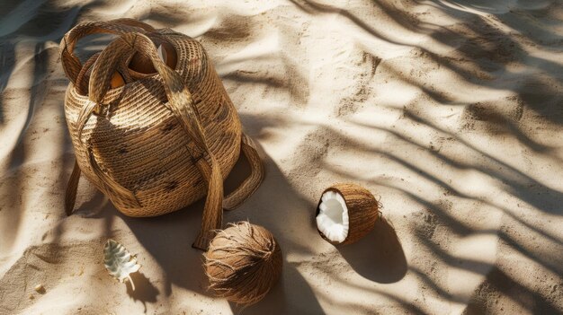 Torba plażowa i kokos odizolowany na piasku