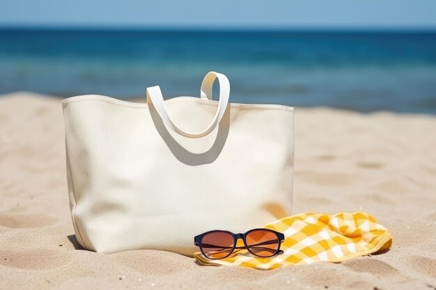 Torba plażowa z szmatkami, ręcznikami, okularami przeciwsłonecznymi.
