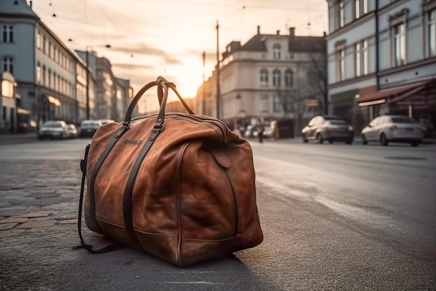 Torba podróżnicza na ulicy starego miasta Koncepcja podróży Generatywna sztuczna inteligencja