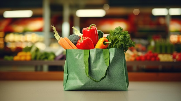 Torby na zakupy ze świeżymi warzywami, ekologiczną żywnością na drewnianym stole z rozmytymi alejkami supermarketów w tle