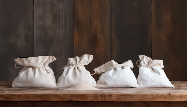 torby w drewnianym stole wypełnione mąką w stylu przemysłowym