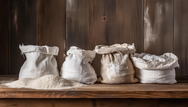 torby w drewnianym stole wypełnionym mąką w stylu industrialnym
