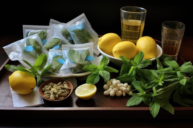 Zdjęcie torebki z herbatą z liści cytryny i mięty ułożone do przygotowania mrożonej herbaty