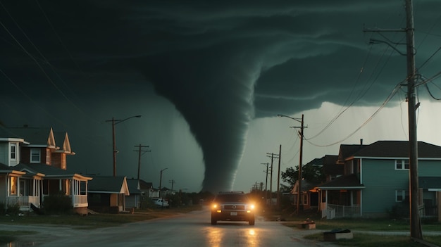 Zdjęcie tornado jest widoczne przed domem.