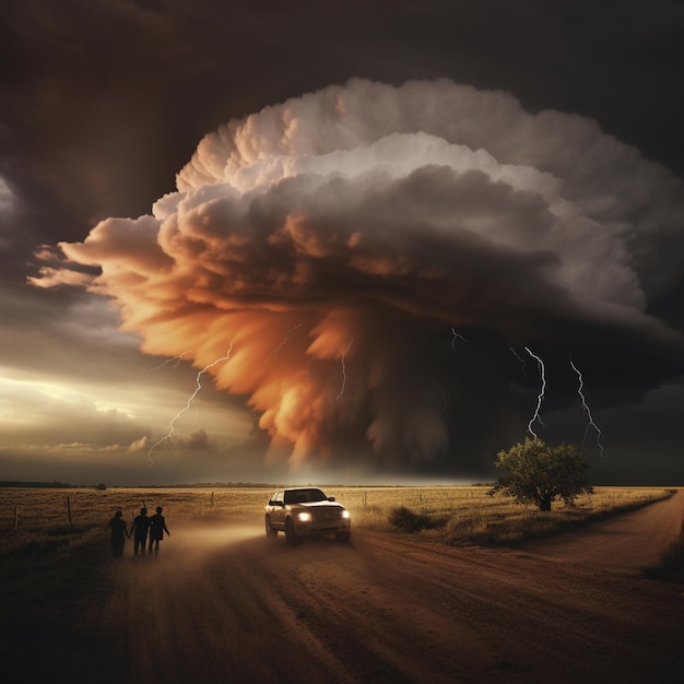 Tornado na odległość i pojazdy ścigające burzę