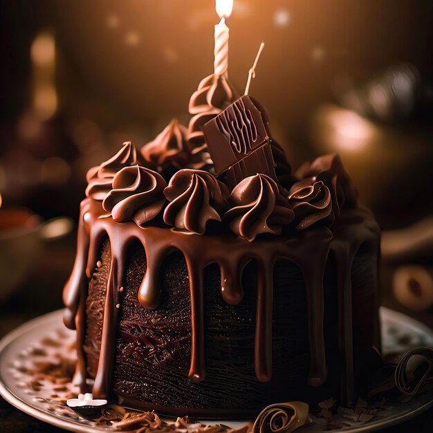 Tort czekoladowy ze świeczką z napisem „wyprzedaż”.