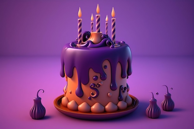 Tort urodzinowy 3D ze świeczkami i dekoracjami. Generatywna sztuka Ai. Ilustracja kreskówka ciasto