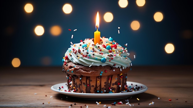 Tort urodzinowy na studyjnym niebieskim tle bokeh stworzony przez generatywną ai