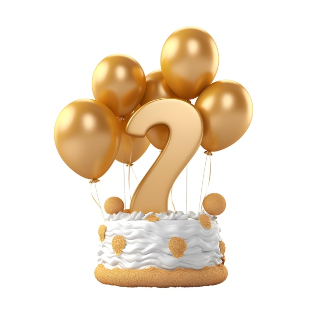 Tort urodzinowy numer dwa ze złotymi balonami Renderowanie 3D