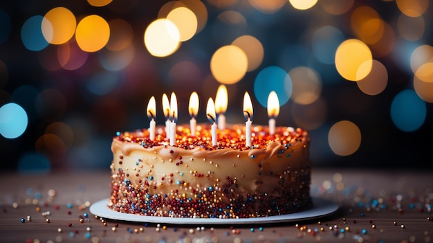 Tort urodzinowy przy świeczce z bokeh ze źródeł światła