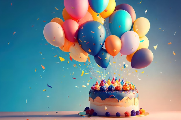 Tort urodzinowy z balonami i konfetti na nim.