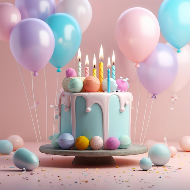 tort urodzinowy z balonami i tort urodzinowy z zapaloną świeczką.