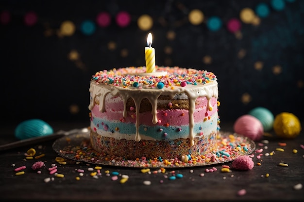 Tort urodzinowy z kolorowym kremem i posypką na ciemnym tle