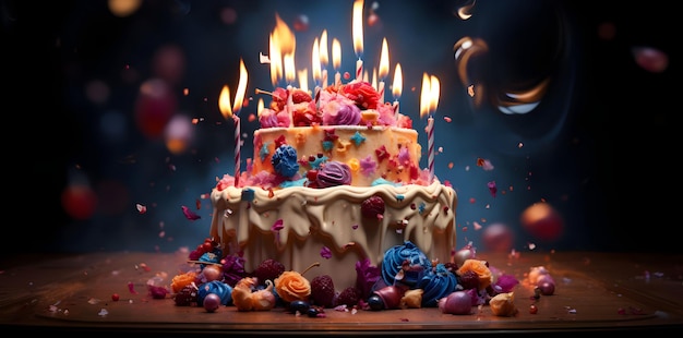 tort urodzinowy z kolorowymi świecami na drewnianym stole