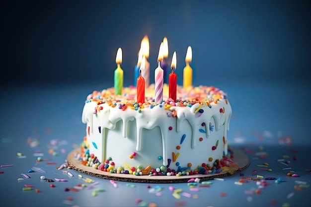 Tort urodzinowy z kolorowymi świeczkami na niebieskim tle Ai generatywny