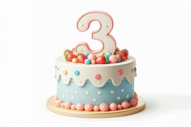 Zdjęcie tort urodzinowy z numerem 3 na górze, odizolowany na białym tle, ai generatywny