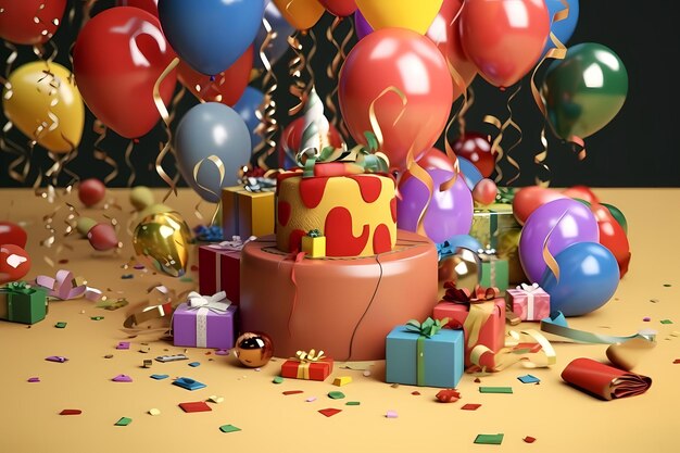 Tort urodzinowy z pękiem balonów i konfetti na podłodze.