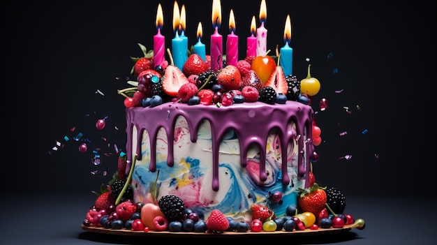 tort urodzinowy z płonącymi świecami na nim koncepcja świętowania urodzin