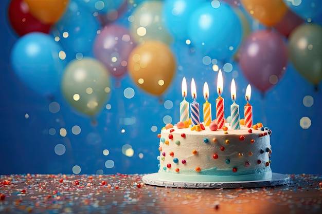 Tort urodzinowy z płonącymi świeczkami na niebieskim tle z kolorowymi balonami i konfetti Tort urodzinowy z płonącymi świeczkami na niebieskim tle Ilustracja wektorowa AI Generated