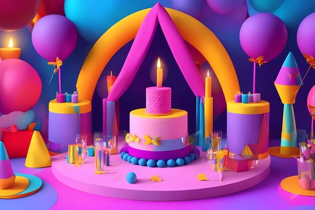 tort urodzinowy z tortem urodzinowym i balonami na górze.