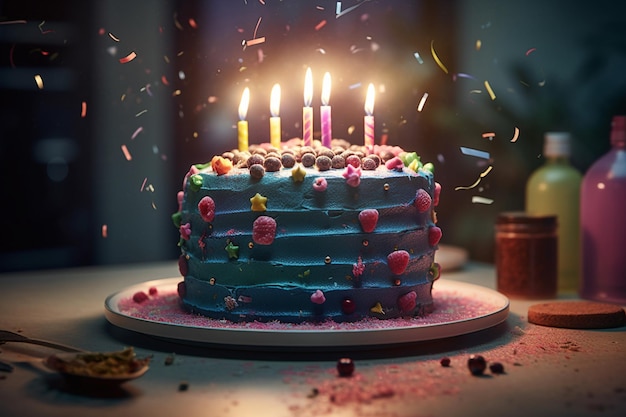 Tort urodzinowy z zapalonymi świeczkami leży na stole z ciemnym tłem.