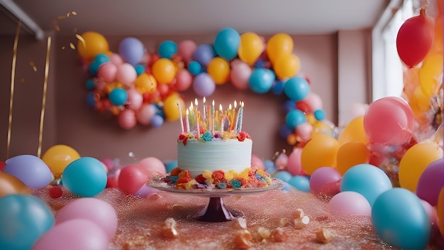 Tort urodzinowy ze świecami i kolorowymi balonami Selektywna ostrość