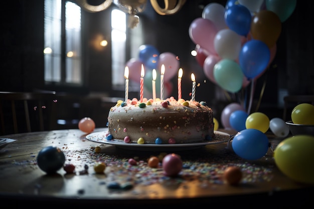 Tort urodzinowy ze świeczkami i balonami w tle.