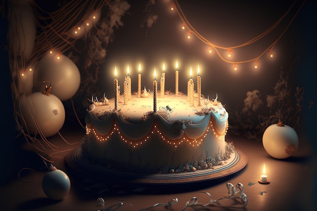 Tort urodzinowy ze świeczkami i girlandami w tle