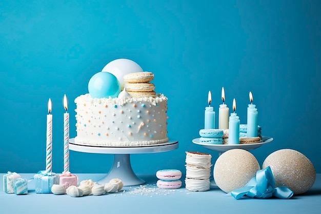 Tort urodzinowy ze świeczkami i słodyczami na białym stole w pobliżu niebieskiej ściany Generative AI
