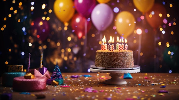 Tort urodzinowy ze świeczkami, konfetti i balonami na rozmytym tle imprezy Utworzono przy użyciu technologii generatywnej AI