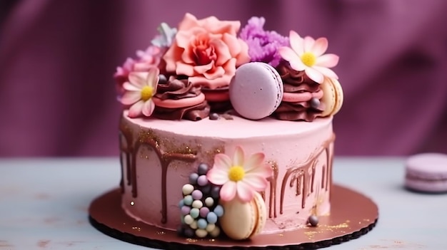 Tort urodzinowy ze świeczkami na rozmytym tle różowy je