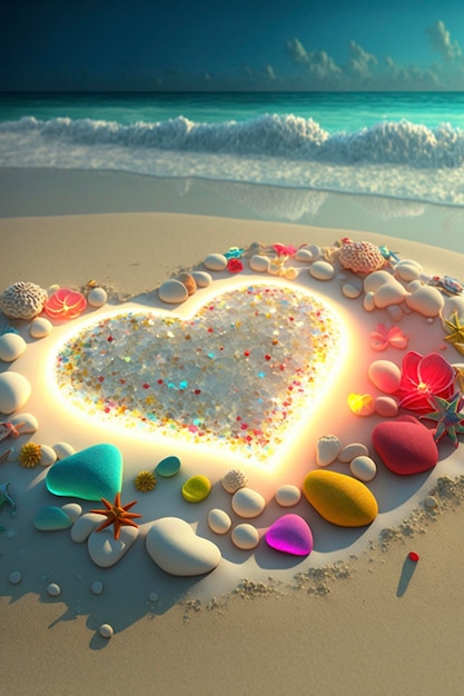 Tort w kształcie serca siedzący na szczycie piaszczystej plaży Generative Ai