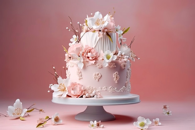 Tort weselny ozdobiony kwiatami i liśćmi na różowym tle Generative AI