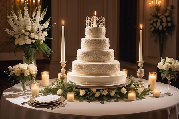 Tort weselny ze świecami na stole w recepcji