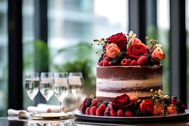 Tort z jagodami i kieliszki szampana leżą na stole wygenerowanym przez sztuczną inteligencję