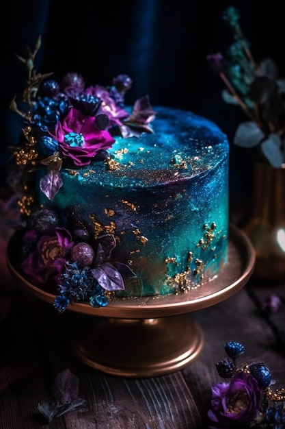 Tort z niebieskim i fioletowym lukrem i kwiatami na złotej paterze.